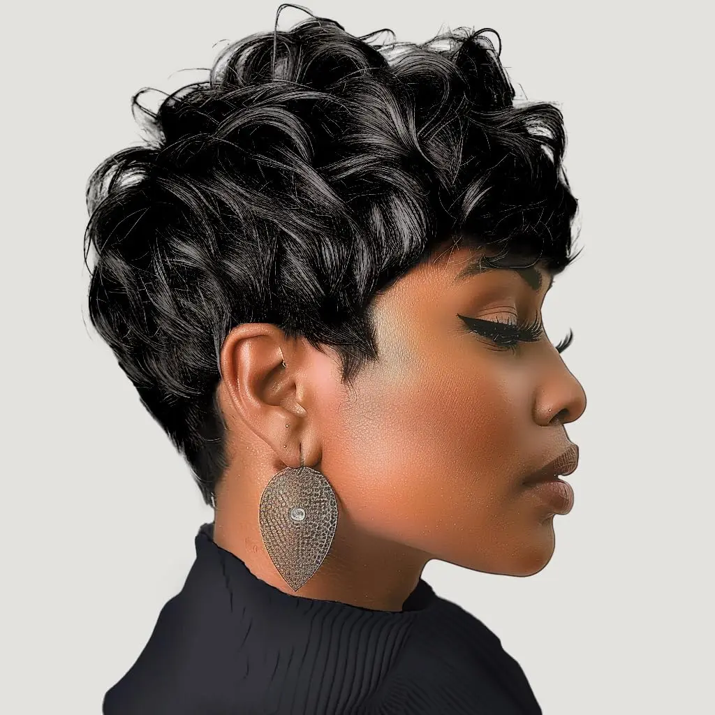 Short Pixie Wigs for Black Women Short Black Curly pixie Wigs Synthetic Hair Wigs for Black Women Natural Wavy Black pixie Cut