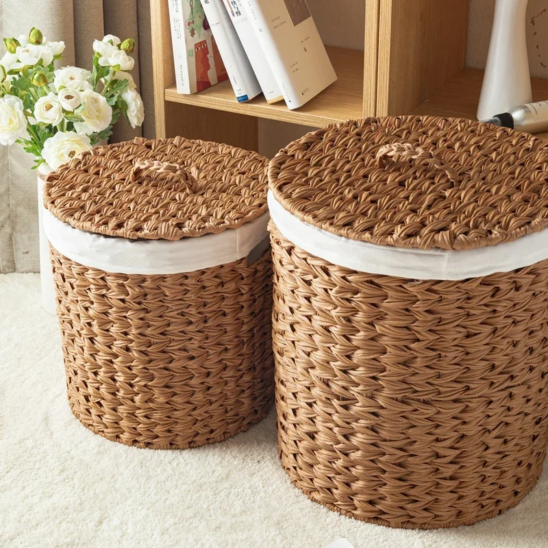 Large Rattan Woven Laundry Baskets European Dust Cover Clothing Storage MultiFunction Children\'s Toy Organizer