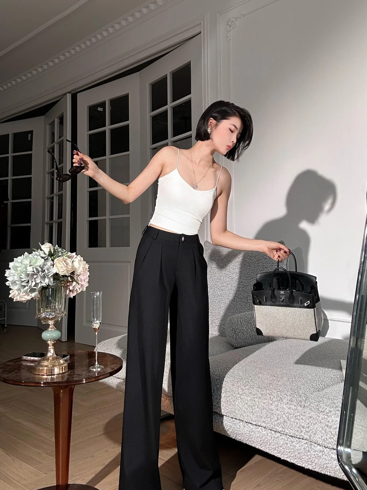 Black Roman Style Wide Leg Pants High Waist Slim Fit Cotton Blend Summer Original XULU Casual Versatile Straight Tube Trousers