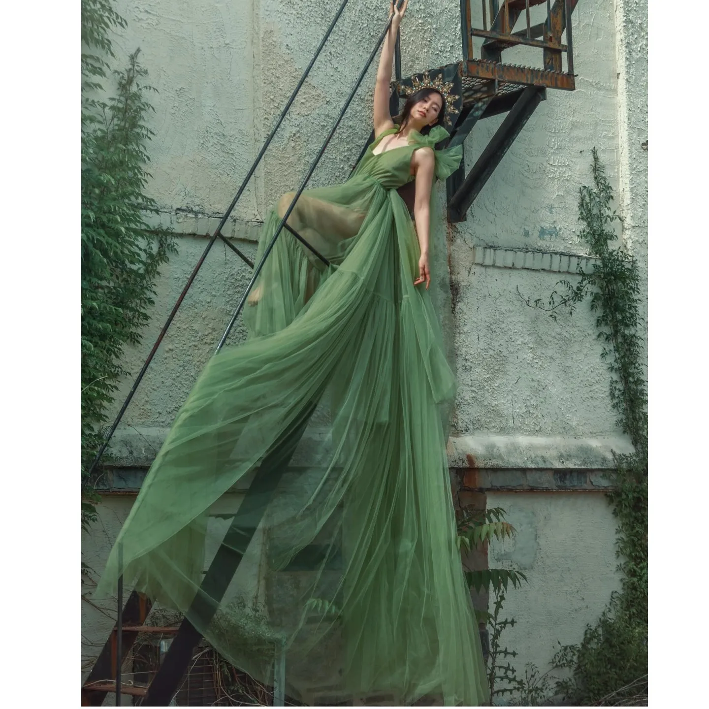 Garden Green See Thru A-line Long Maternity Dresses With Train Women Tulle Robe Pregnant Dress To Photoshoot