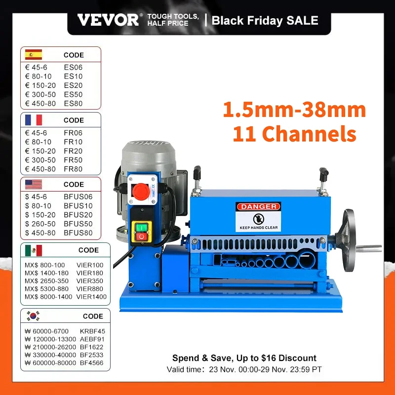 VEVOR Best Price Wire Stripping Machine 1.5mm-38mm Cable Stripper Peeling W/ 11 Channels & 10 Blades Removing Plastic Rubber