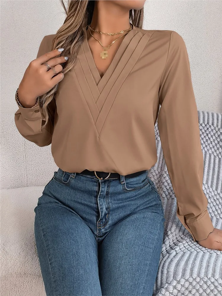 Primavera feminina senhora do escritório camisa em camadas elegante negócios moda blusas casual cor sólida com decote em v solto blusa de manga longa
