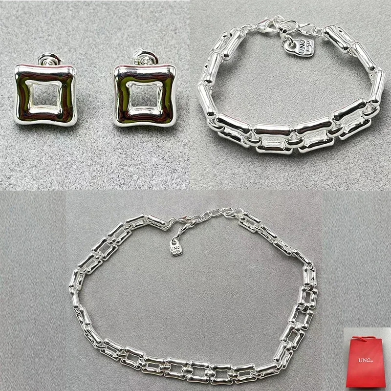 2024 Spain UNOde Minimalist High Quality Cool Style Silver Hollow Square Jewelry Set Women's Gift