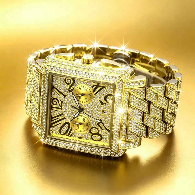 Pffee Luxury Diamond Watch For Men Square Big Case Cuban Link Chain Band Fashion Wristwatch lce Out Hip Hop Jewelry Rapper Gift