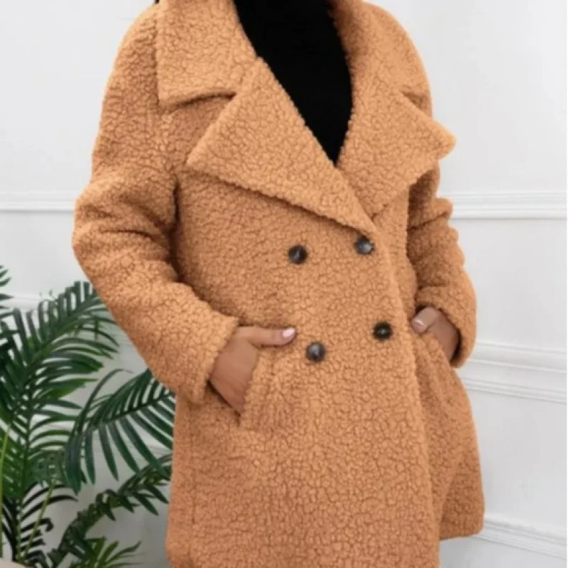 plus Size Women's Europe and America Cross Border Autumn and Winter Khaki Lamb Wool Double-Breasted Lapel Warm Coat