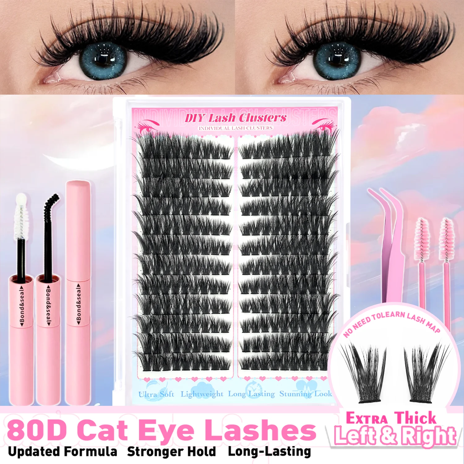 192/160PCS 푹신한 80D 섹셔널 클러스터 인조 속눈썹 – 10-18mm 단일 가닥, 두껍고 자연스러운 외관, 재사용 가능 및 가볍습니다.