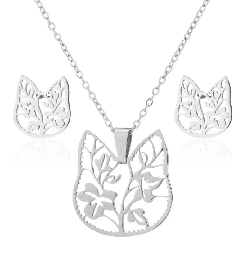 Stainless Steel Lotus Flower Cat Jewelry Set for Women Girl Skull Crane Feather Pendant Necklace Stud Earrings Gifts Wholesale