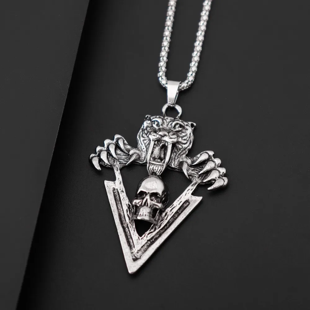 retro Gothic Saber-Toothed Tiger Skull triangle Men Pendant Necklace fine Skull chain Accessories Jewelry for bff Party gifts