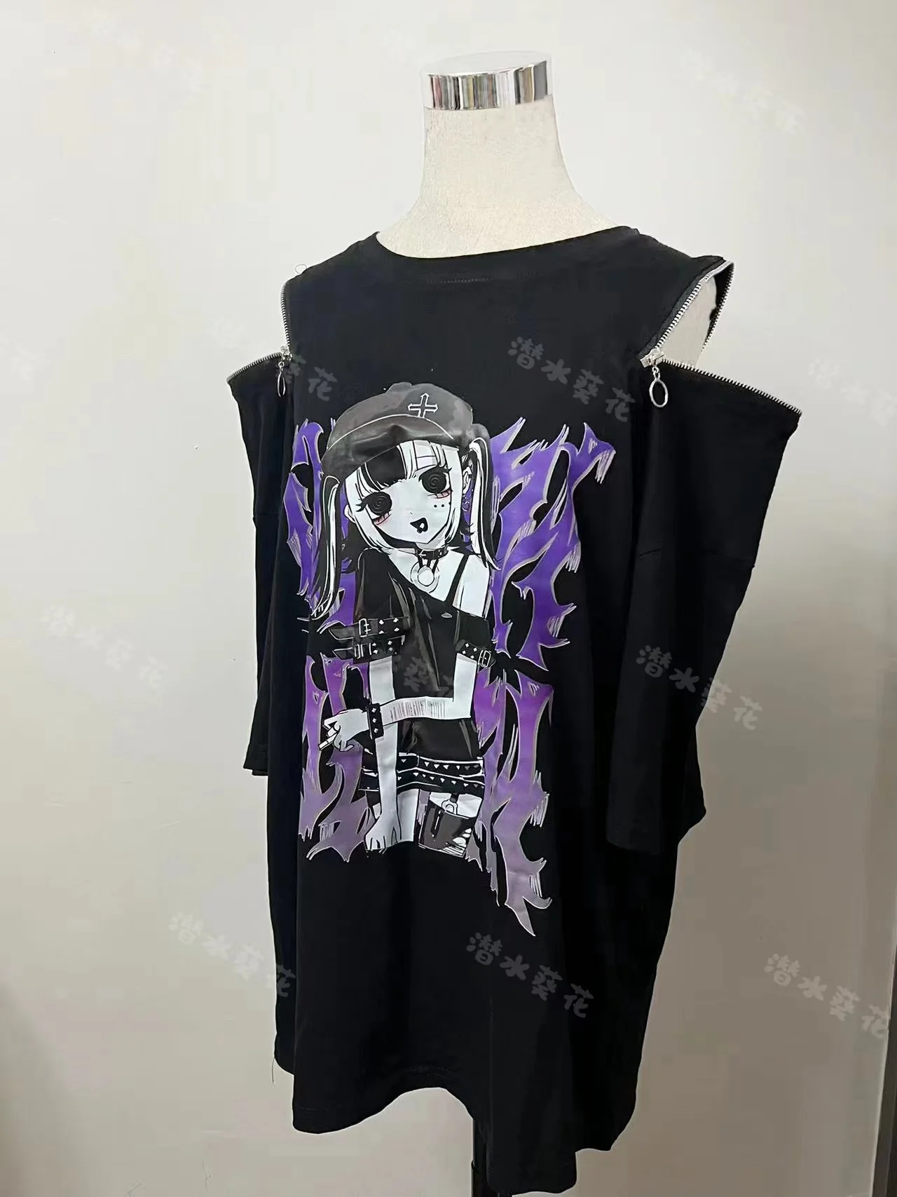 T-Shirt à épaules dénudées avec fermeture éclair originale, sous-culture d'été, ample, Slim, imprimé Anime, haut noir pour étudiant, Harajuku Y2k, vêtements