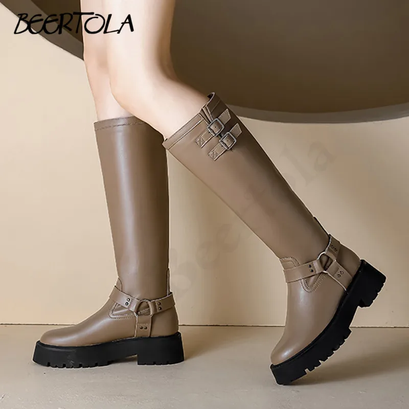 

Women's Thick-Soled Belt Buckle Boots New Round Toe Knee-High Knight Boots Versatile Slim Personality Western Casual Boots