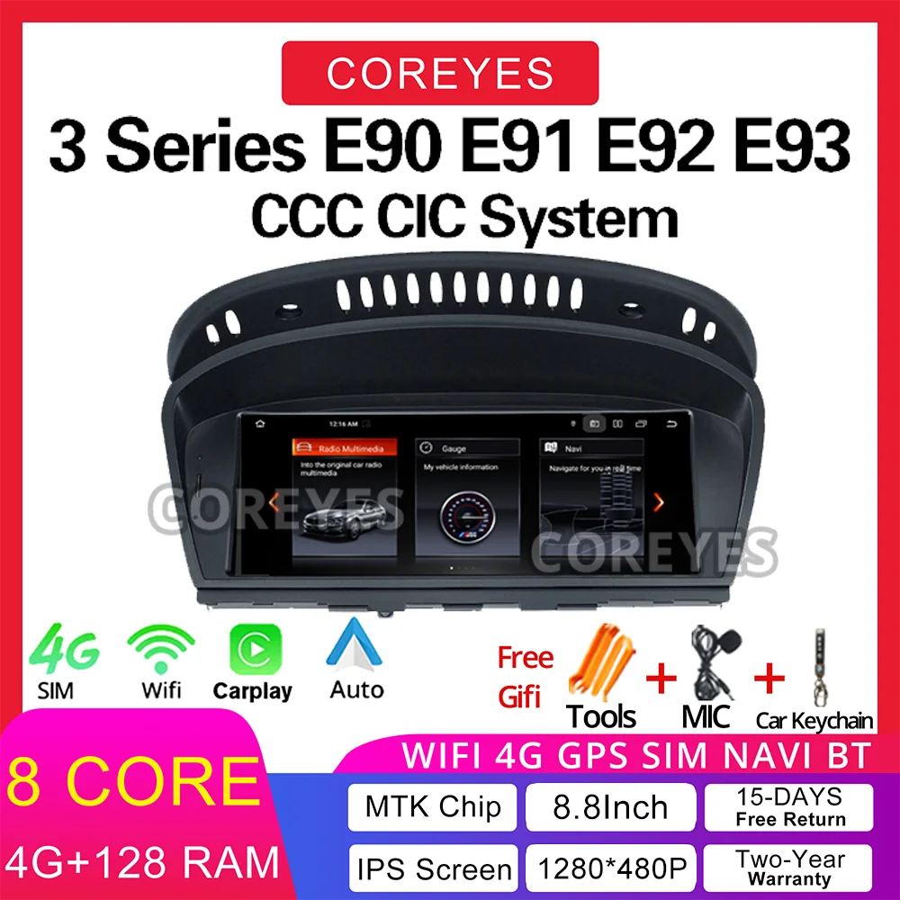 COREYES 8.8 Inch 1280*480P For BMW 3 Series E90 E91 E92 E93 CCC CIC System GPS Carplay Car Radio Multimedia Player Android 12