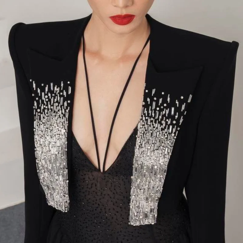 2025年秋新作 レディース ヘビービーズスパンコールショートジャケット Y2K 高品質 ファッション カジュアル ショート通勤スーツ アウター