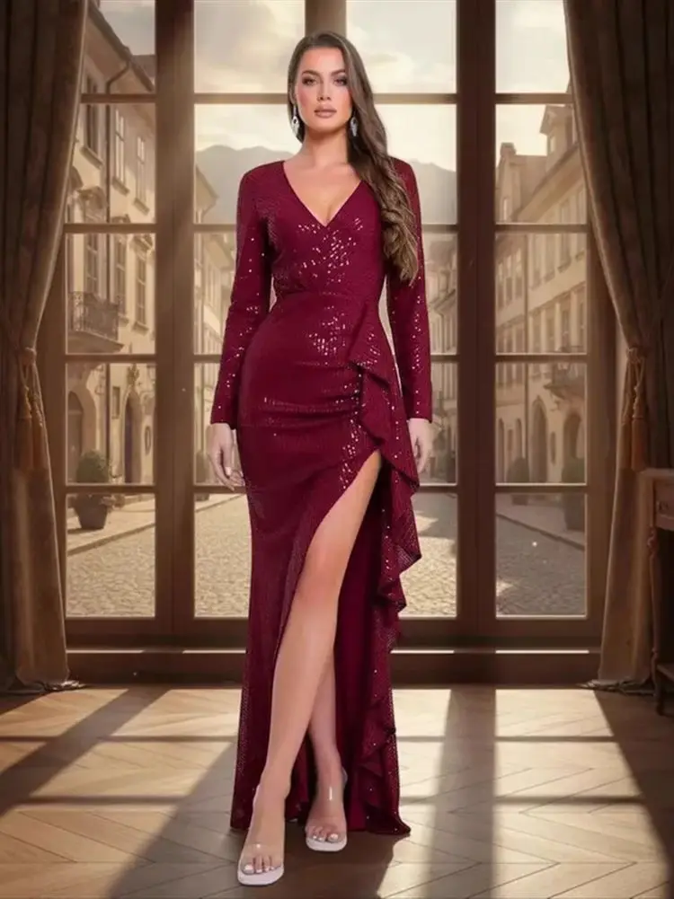 Romagic Sequin V Neck Long sleeved Ruffle Edge Slit Evening Party Dress Sexy Open Back Long Lining Elegant Women Prom Gown 2025