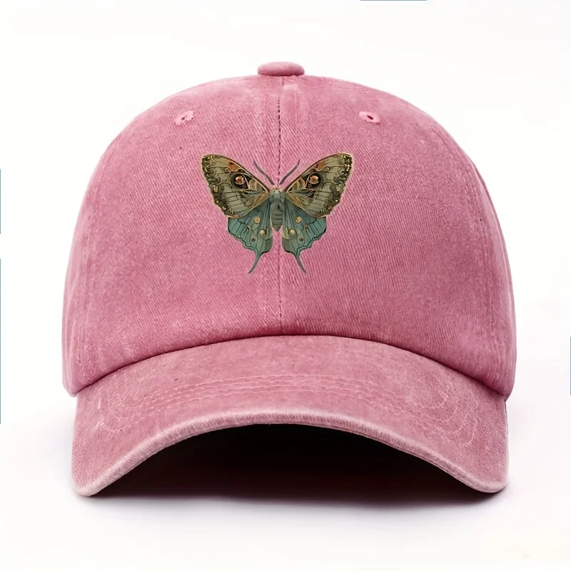 Women's Country Gothic Style Baseball Cap with Butterfly and Botanical Print, Crescent Moon and Floral Design, for Daily Wear in
