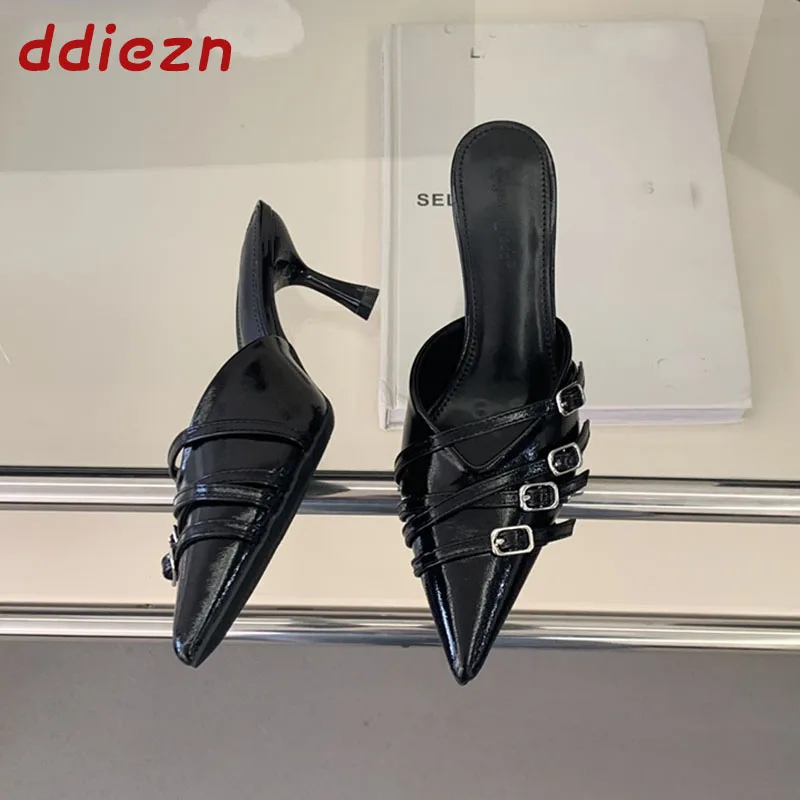 

Модные женские элегантные туфли-мюли на тонком высоком каблуке с острым носком, босоножки, туфли-лодочки, шлепанцы, вечерние туфли