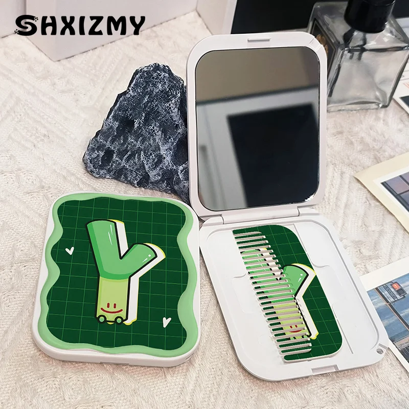 Cartoon Green Scallion Pattern Flip-Top Folding Makeup Mirror Portable Pocket Mirror Rectangle Cosmetic Mirror With Comb