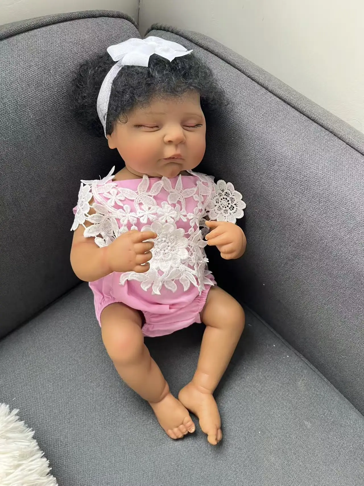 48 سنتيمتر تولد من جديد الخوخ سيليكون دمية طفل في الجلد الداكن مع شعر أسود مجعد الأفريقي الأمريكية دمى طفل لعبة مقاومة للماء بيبي تولد من جديد #5