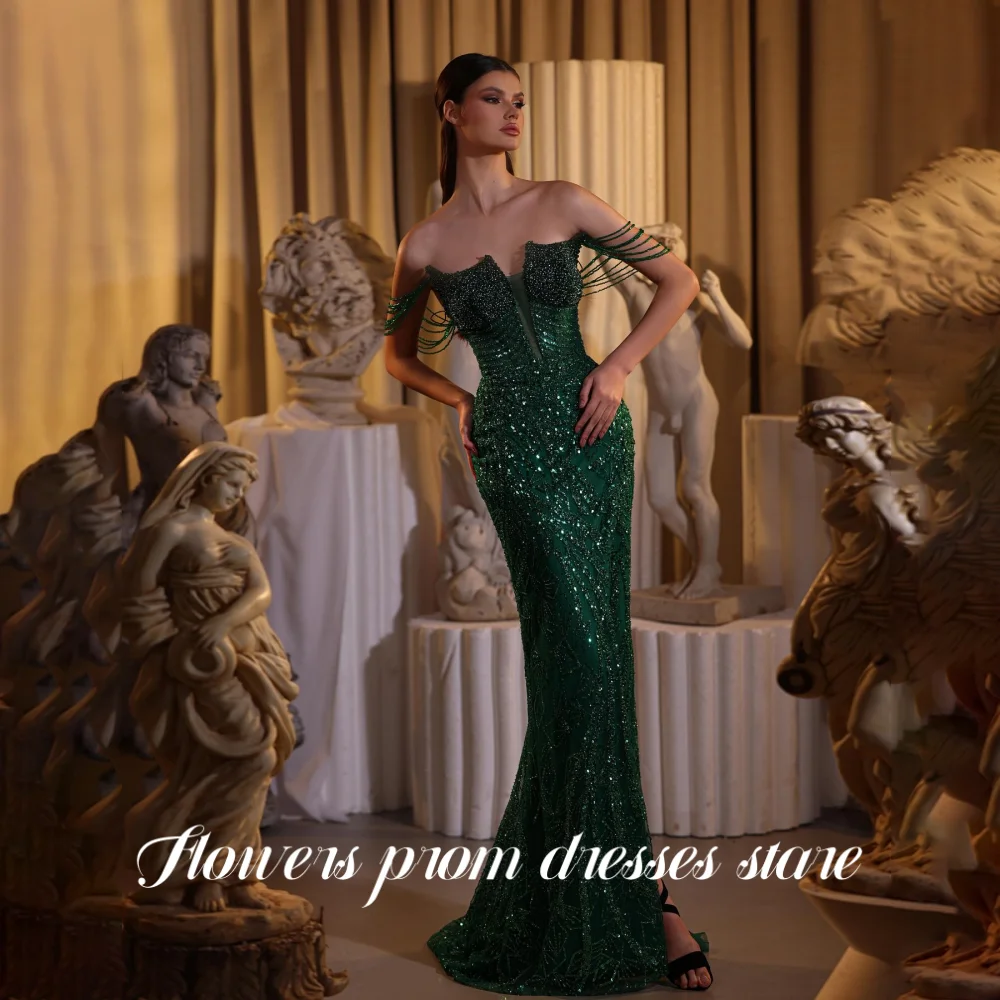 Bloemen Glitter Groene Formele Jurk Lovertjes Zeemeermin Feestjurk Uit de Schouder Galajurken Zijsplit Avondjurk Op maat