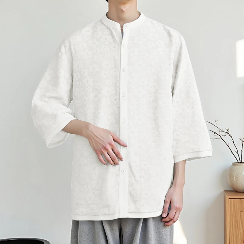 INCERUN Men Shirt Flower Jacquard Stand Collar 3/4 Sleeve Korean Men Clothing Oversize Fashion Casual Tops Men 2025 Streetwear