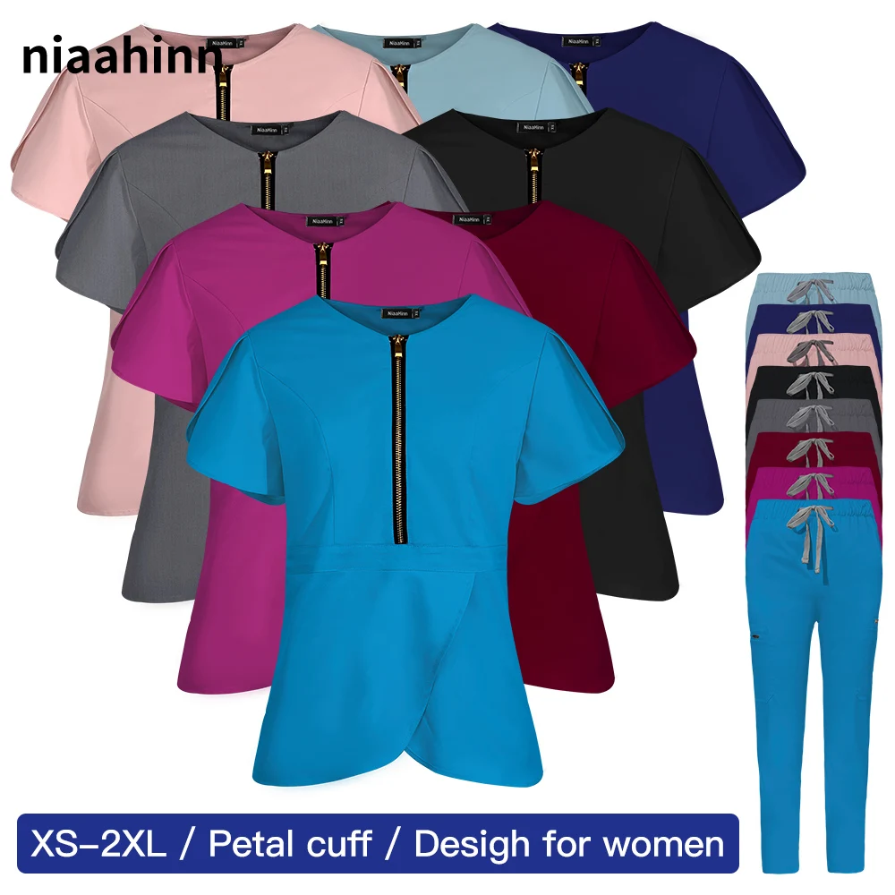 Sleeved Petal Nursing Scrubs Uniforms Sets Women Front Zipper Apron Scrubs Medical Scrubs Uniform Nurse Hospital Uniforms Women