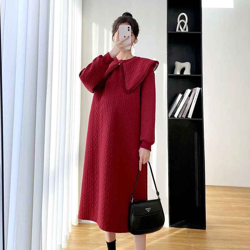 Sweet and Cute Fashion Large Lapel Lace Loose Sweater Bottoming Knitted Dress Long Autumn and Winter Thickened Maternity Dress