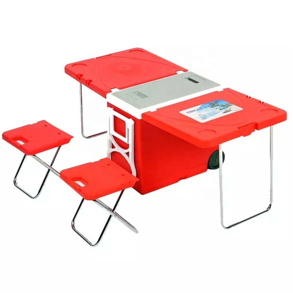 

Outdoor Multifunction Plastic Table Cooler Box 28L Ice Chest Car Cooler with Wheels Chairs Trolley Cart for Picnic