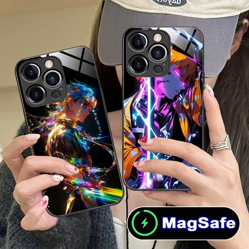 Demon Slayer Colored Neon Cell Phone Case for iPhone 16 15 14 13 12 11 Pro Max Plus Mini MagSafe Wireless Charging Glass Cover