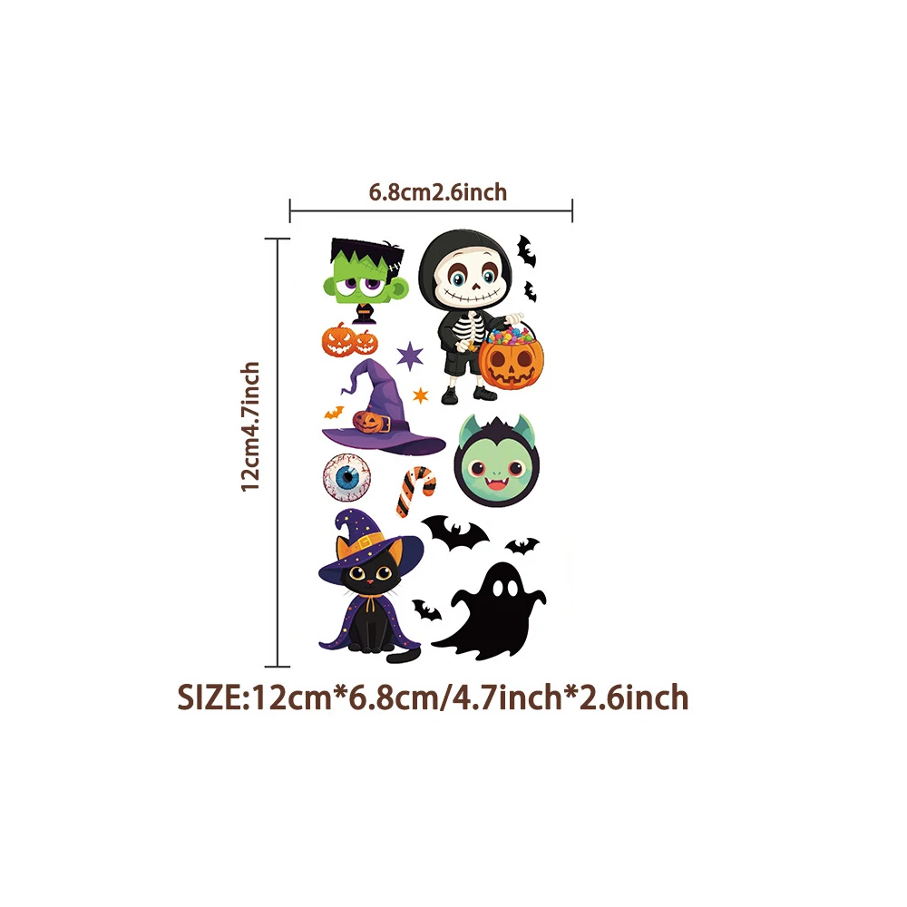 10 ورقة للهالوين الوشم المؤقت الكرتون اليقطين شبح غيبوبة الخفافيش العنكبوت الساحرة القط تصميم وهمية الوشم هالوين ديكور احتفالي
