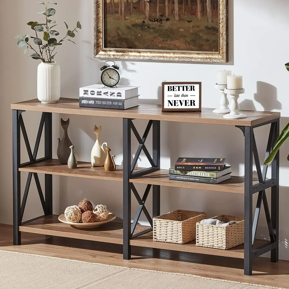 Rustic Console Table, Industrial Wood and Metal Sofa Table, Hallway Entry Table for Home Living Room, Long Horizontal Booksh