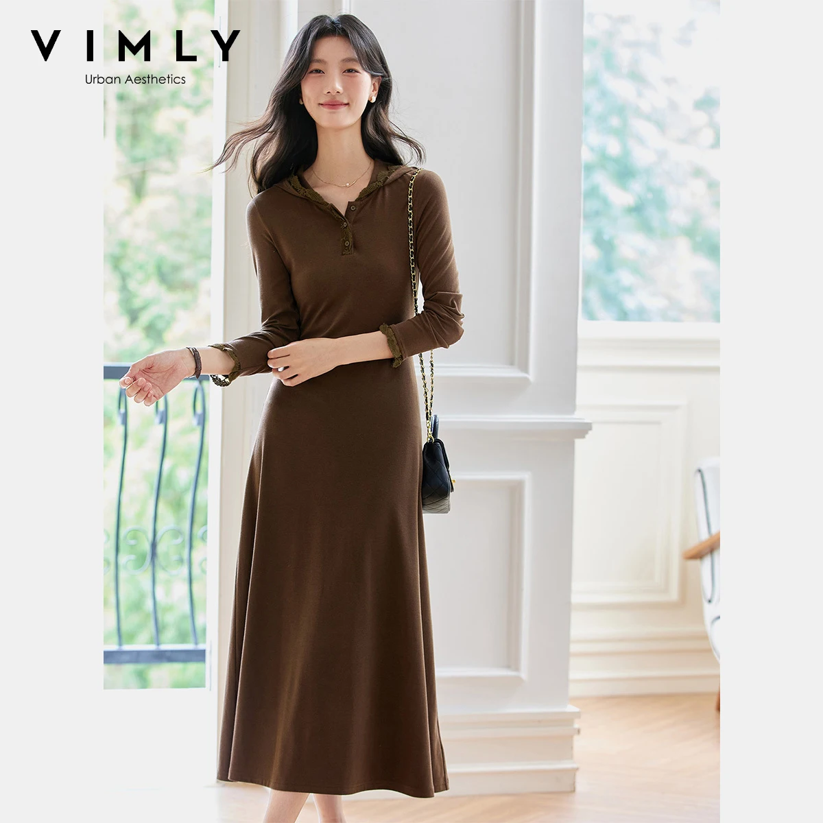 VIMLY Bruin Midi vrouwen Elegante Jurken 2025, Herfst Kant Capuchon Jurk Lange Mouw Slanke Dames Jurk Vrouw Kleding A2023
