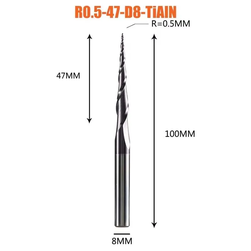 Professionele taps toelopende kogelkopfrees CNC-gereedschap Carbide frees voor hout/aluminium/Cu (2 snijkanten, TiAlN-coating)