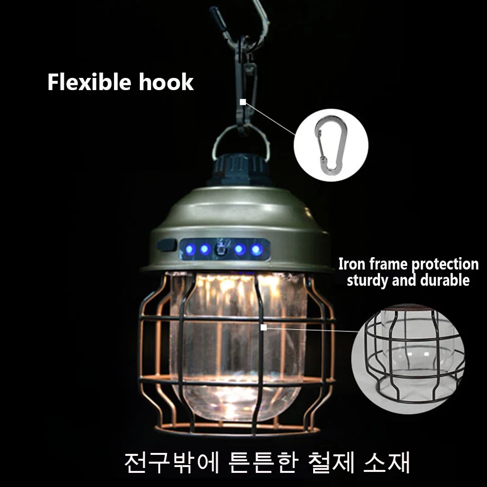 Retro Portable Camping Lantern Rechargeable Light Hanging Camp Lamp Outdoor Light Household 3 Modes Dimmable Flashlight with USB