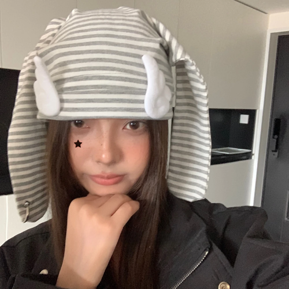 Y2K Cute Subculture Rabbit Ears Hat Millennium Style Sweet Cool Niche Personalised Pullover Hat Funky Striped Winged Wrap Hat