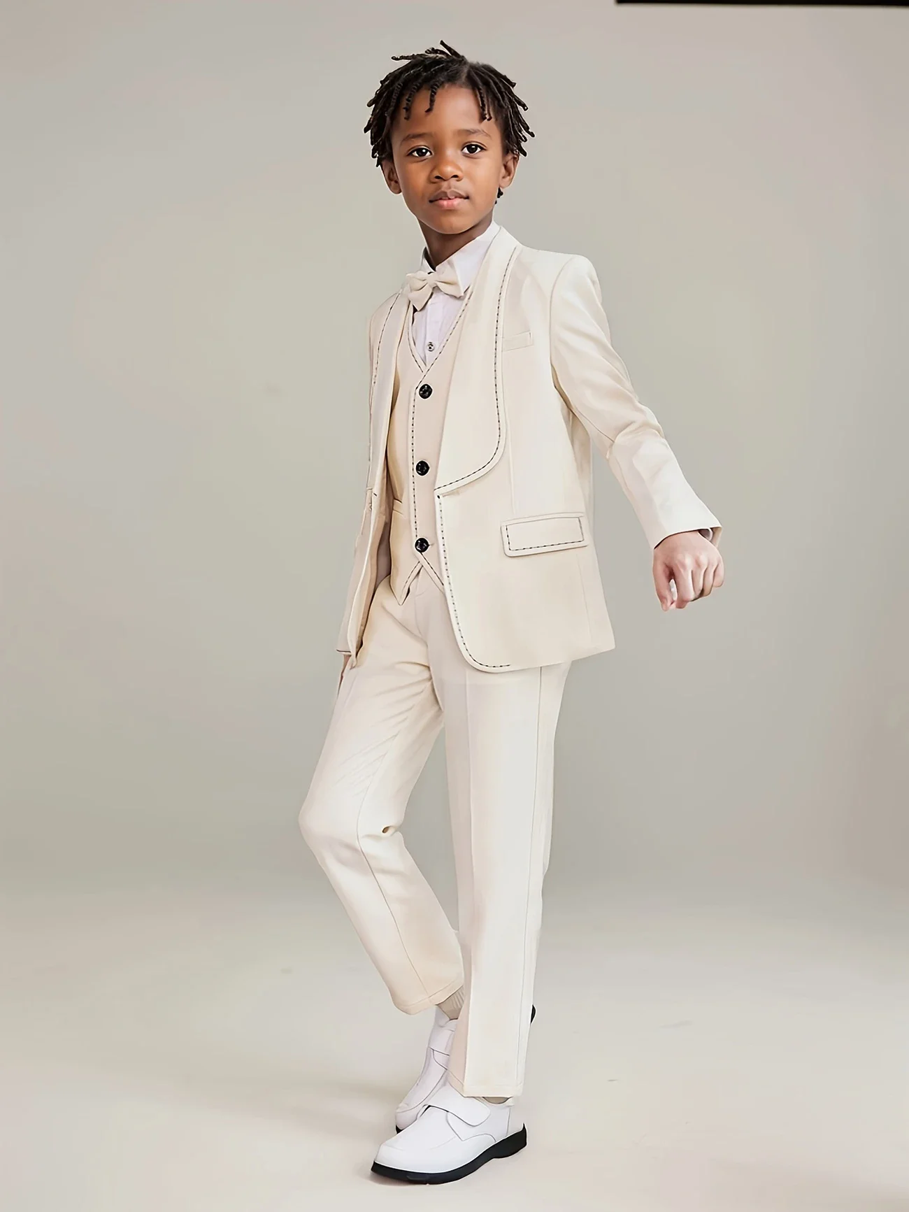 Flower Boys Jacket Vest Pants Bowtie 4Pieces Wedding Outfit Suit Set Kids Elegant Beige Piano Host Speech Performance Costume