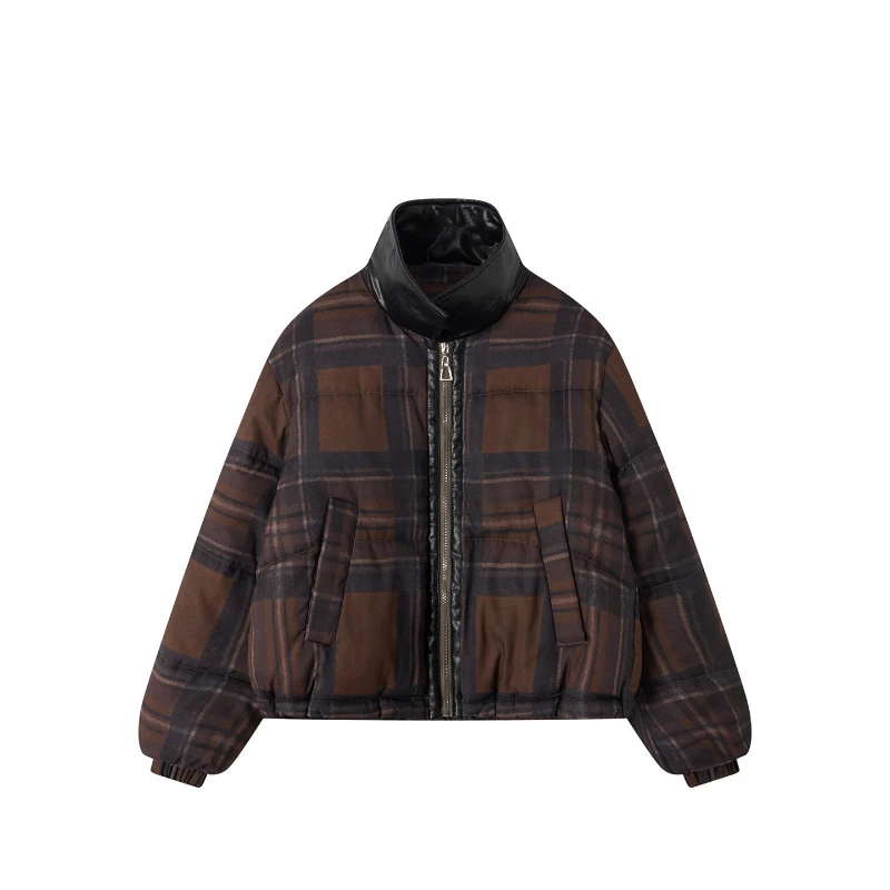 แจ็คเก็ตแบบสแตนด์อัพ รุ่นใหม่ ฤดูหนาว 2025, เสื้อโค้ทผู้หญิงลายตารางสีตัดต่อ, แจ็คเก็ตผ้าฝ้ายสองด้านแบบสั้น, ให้ความอบอุ่นหนาพิเศษ