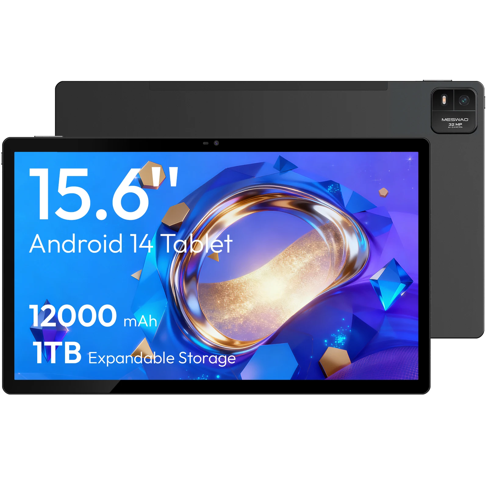 Tablette MESWAO B3 Pro 15,6 pouces MTK Helio G99 64 bits 8 cœurs Android 14 Charge rapide Batterie 12000 mAh 8+128 Go de stockage 32 MP 2560×1440