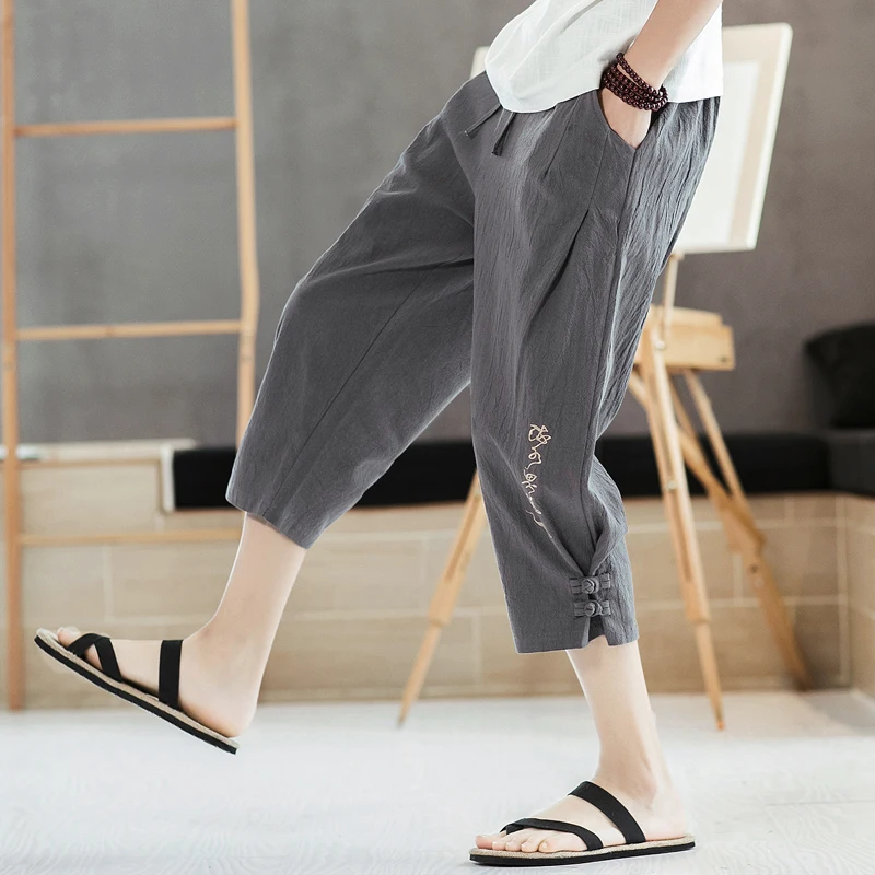 Chinese Style Loose Casual Pants for Men Spring Summer Cotton Linen Calf-length Pants Chinese Character Embroidery Hallen Pants