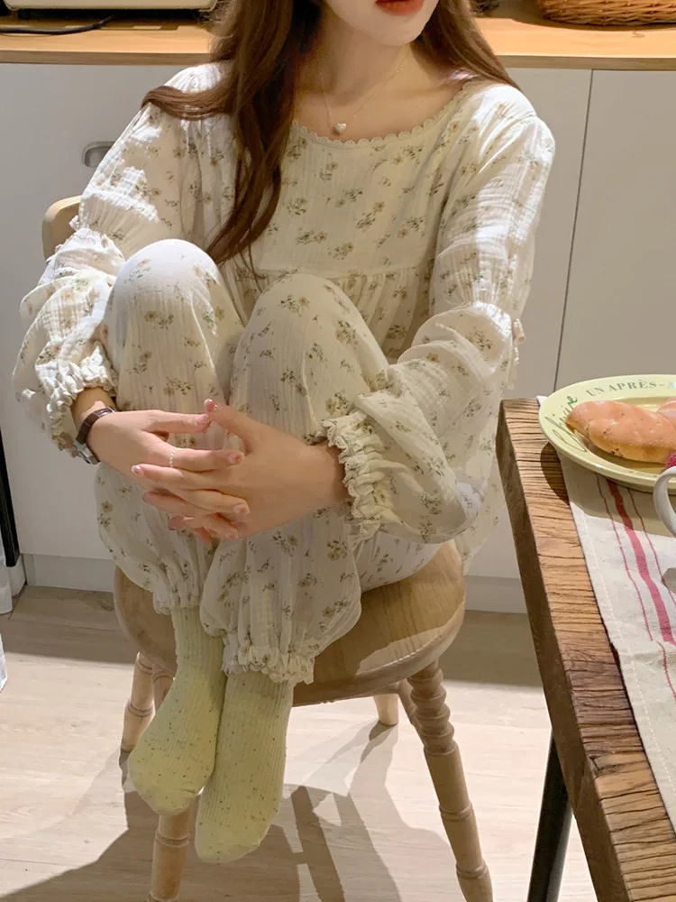 New Home Soft Print Floral Sweet Spring Long Sleeve Pajama Set Women Girlish Style Cotton Loose Kawaii Elegant Casual Sleepwear