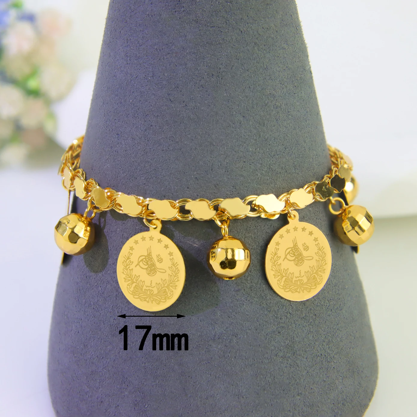 Klassisches arabisches Goldmünzen-Anhänger-Armband, 21 Karat vergoldet, Algerien, Brautmode, Handketten, Dubai, Damen, Hochzeit, Party-Schmuck – Detail 9