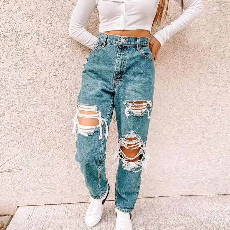 Fashion Blue Hole Straight Wide Leg Trousers Y2k Hollow Cargo Pants Women Mom Jeans Ripped Jeans Women Baggy High Waisted Pants