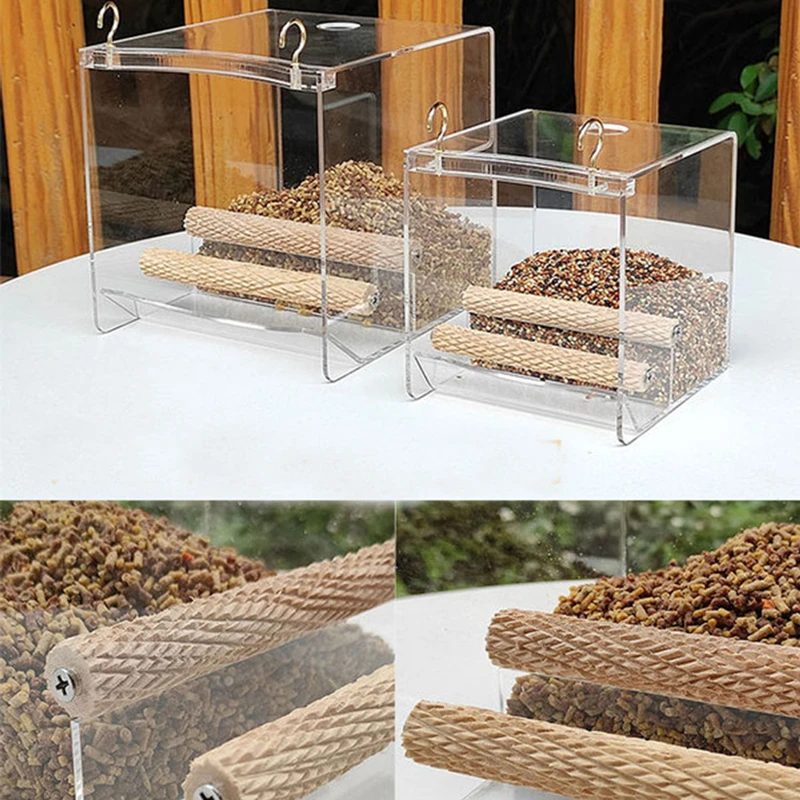 Bird House Feeder Hanging Window Birdcage Natural Outdoor Seed Leaking S/L Sized Acrylic Food Dispenser with Standing Wood Stick