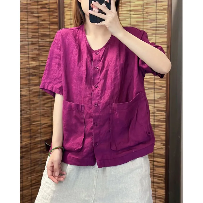 

Plus Size Women's Summer Casual Round Neck Short Sleeve Blouse Loose Office Lady Fashion New Arrival Trendy