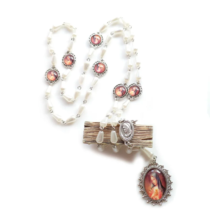 Seven Sorrow White Plastic Rosary Necklace Virgin Pendant For Men Women Religious Jewelry