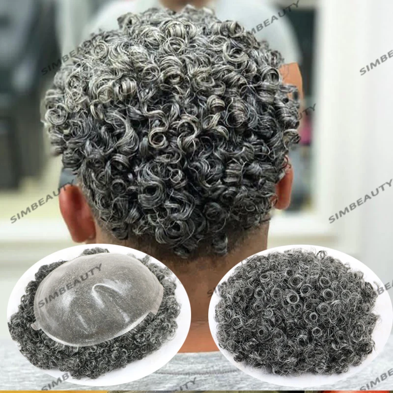 

Durable Full Skin Base Vlooped 0.06mm Thick Men Toupee Afo Man 15mm Curly #1B40 Color Grey Human Hair Male Wigs Natural Hairline