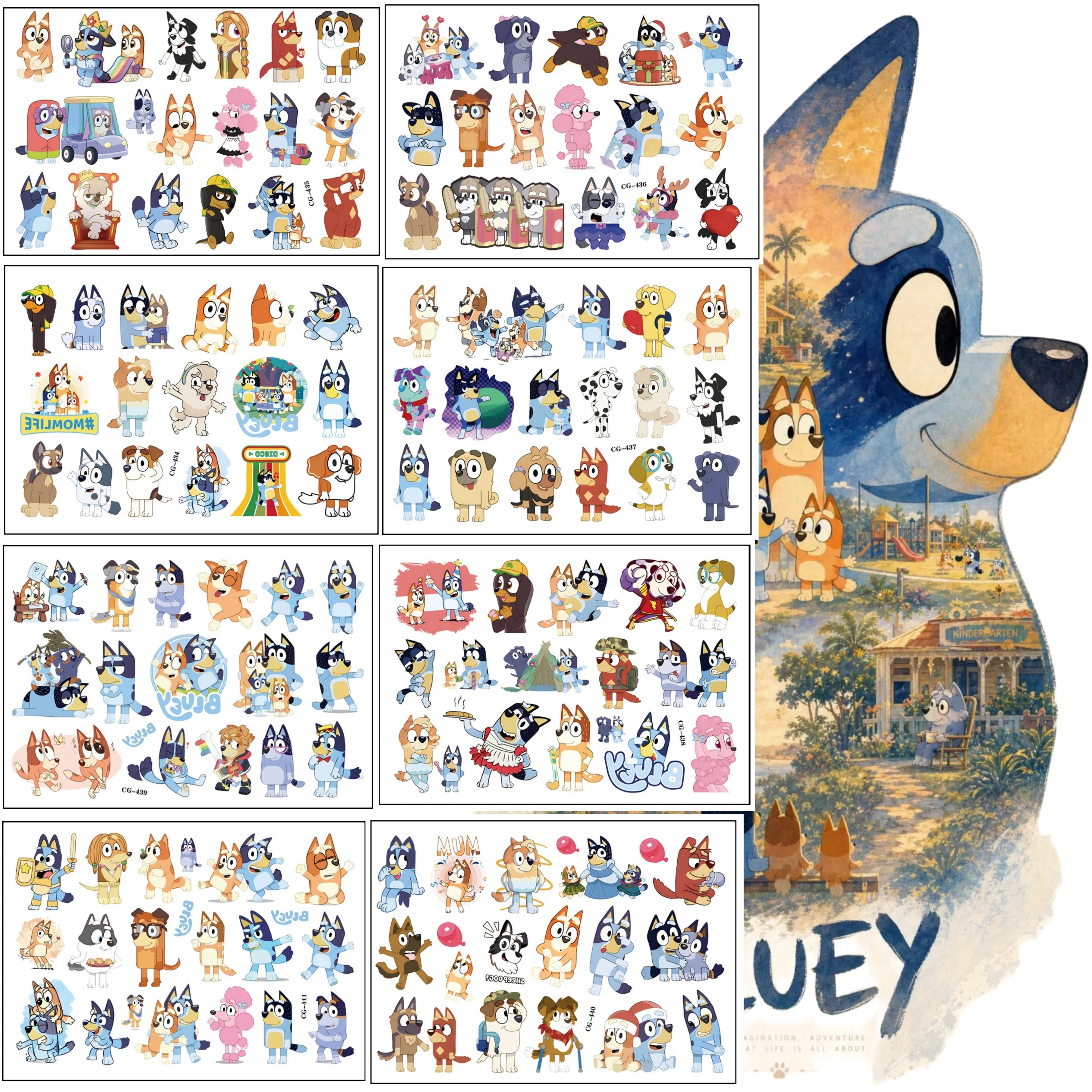 Bluey Bingo Temporary Tattoo Stickers Cartoon Blue Dog 8Pcs Waterproof Kids Boys Girls Tattoo for Birthday Party Favors Gift