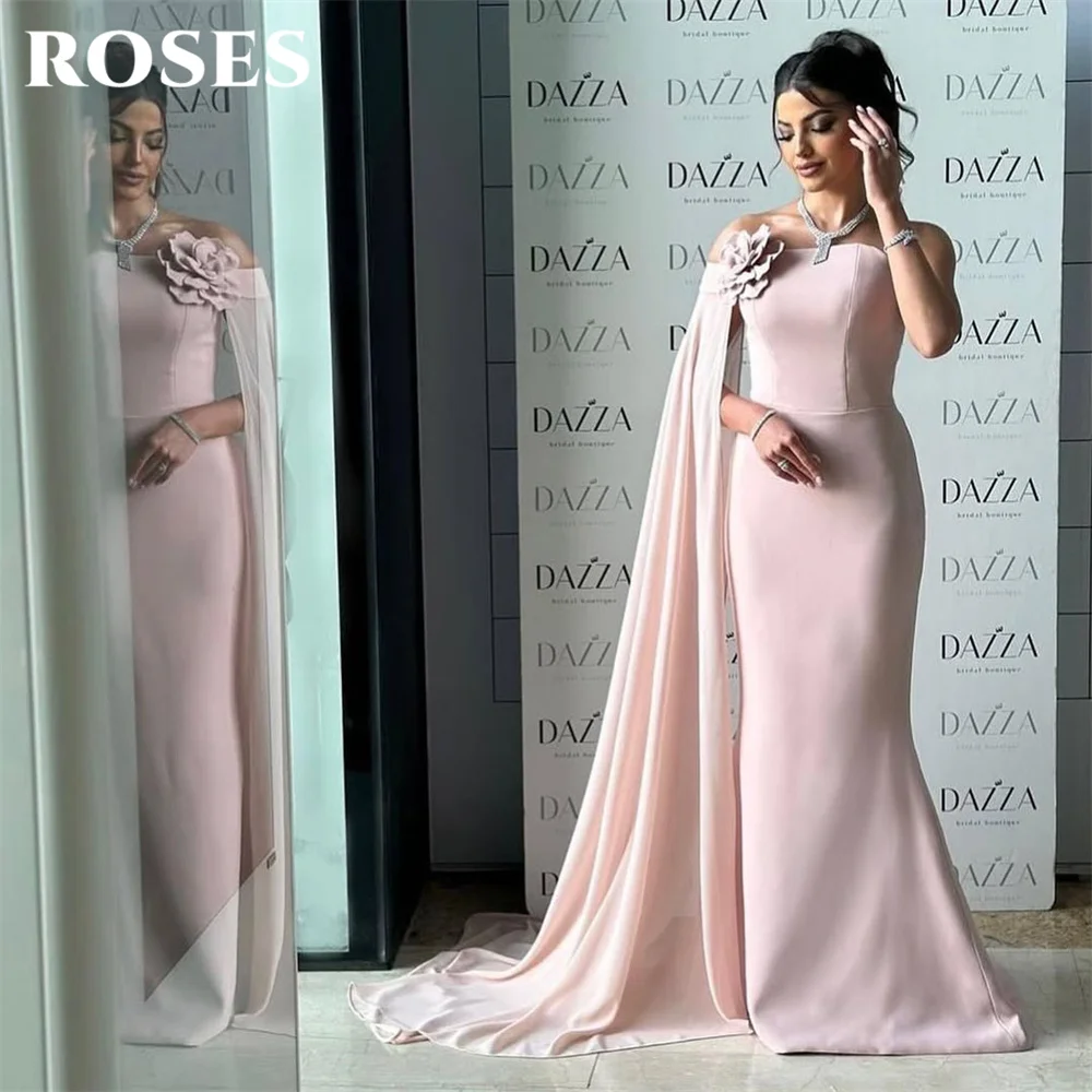

ROSES Pink Evening Gown Strapless Prom Dress with Chiffon Cape Sleeve Wedding Evening Dress Mermaid robes de soirée Customized
