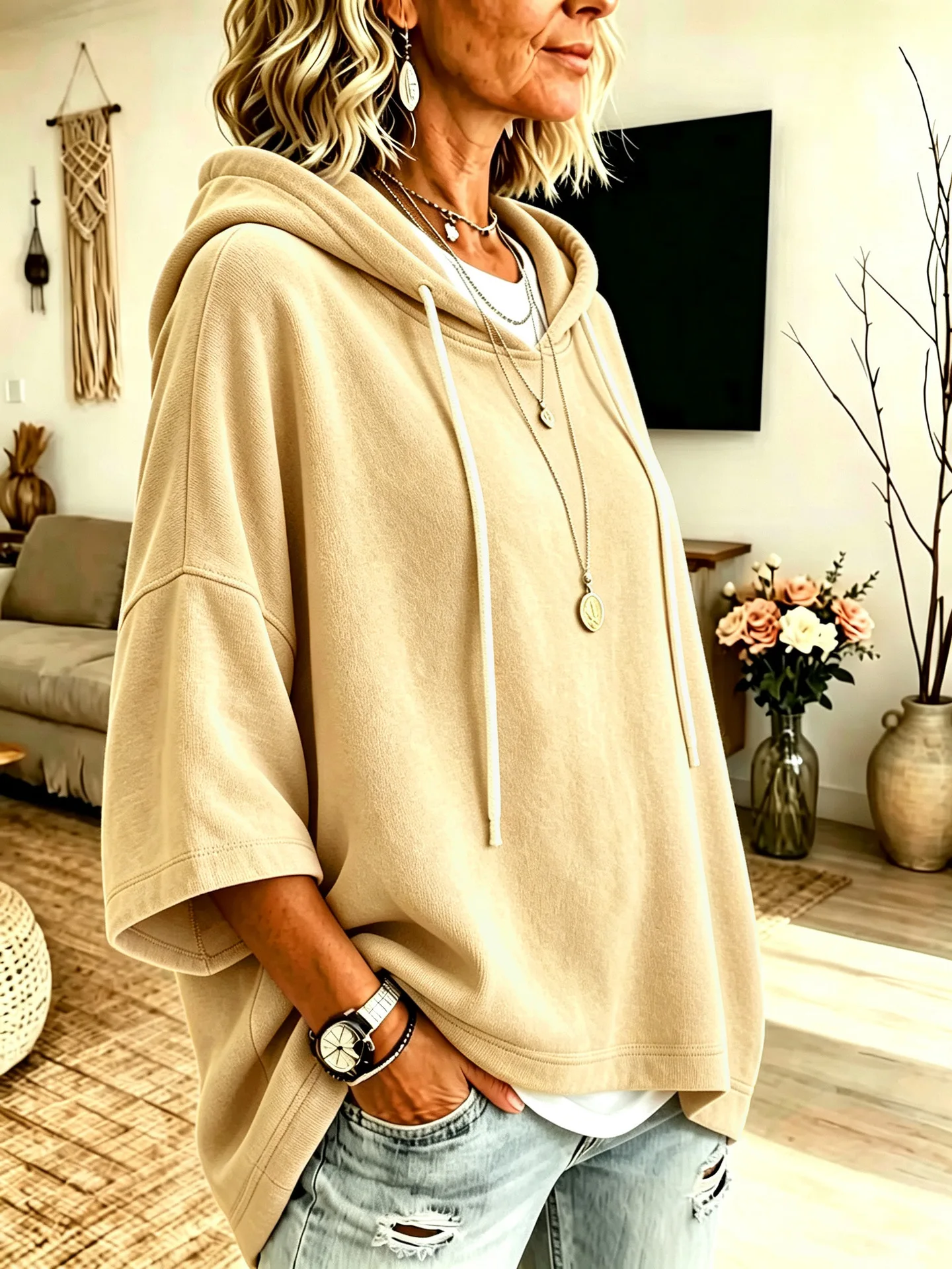Einfarbiger Damen-Hoodie mit 3/4-Ärmeln, Lässiger Lockerer Pullover für Herbst und Winter – Detail 6