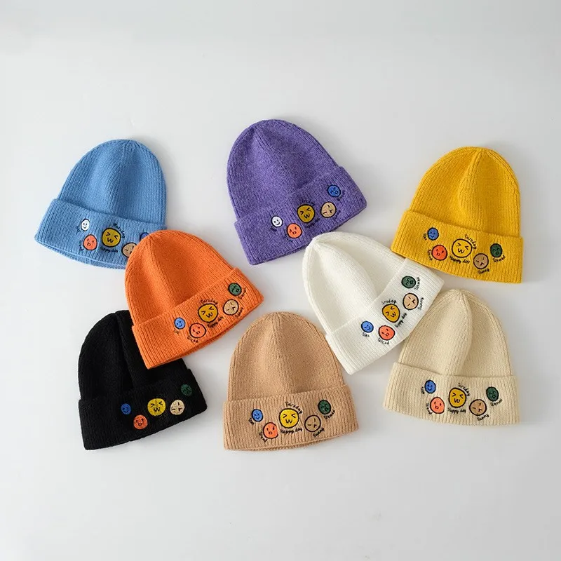 Baby Hat Solid Color Boy Girl Cartoon Smile Embroidery Winter Kids Knitted Hats Children Warm Beanies Child Caps For Babies