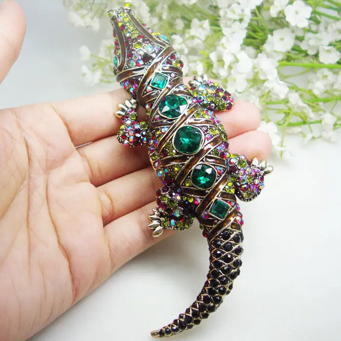 Vintage Multi-color Crocodile Animal Men Pendant Brooch Pin Rhinestone Crystal Classic Animal Fish Brooch Pins Gifts