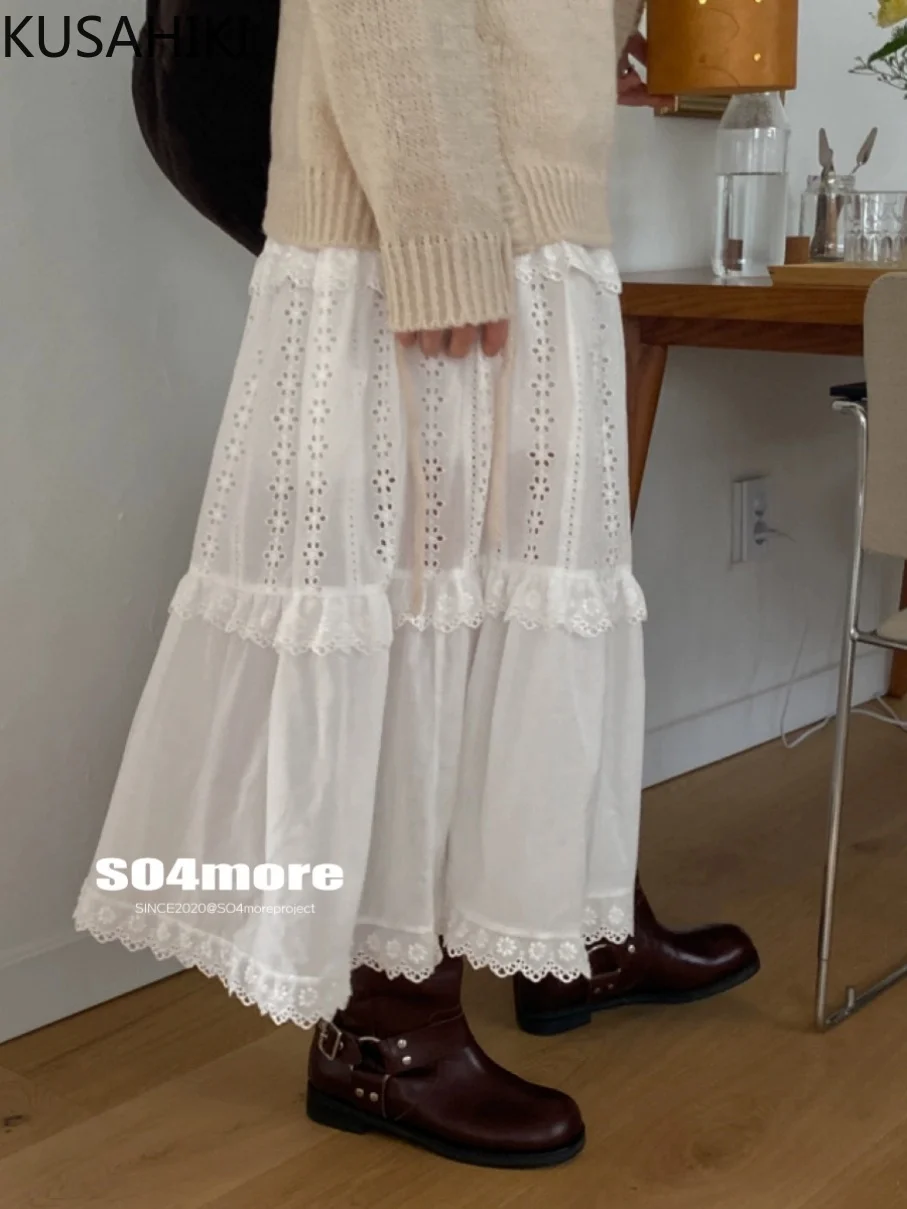 

KUSAHIKI Korean Niche Retro Lace Hollowed Out Splicing Slimming Casual Long Skirt Sprign Summer 2024 New Causal A-line Skirts